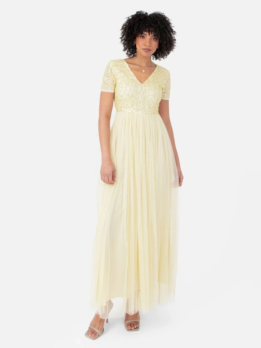 Maya Maternity Cap Sleeve Delicate Sequin Detail Tulle Maxi Dress in Lemon 10 - Picture 9 of 15